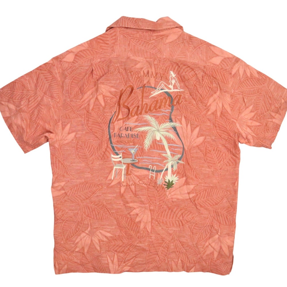Tommy Bahama Cafe Paradise‎ Silk Shirt Mens M Coral Embroidered Hawaiian Aloha